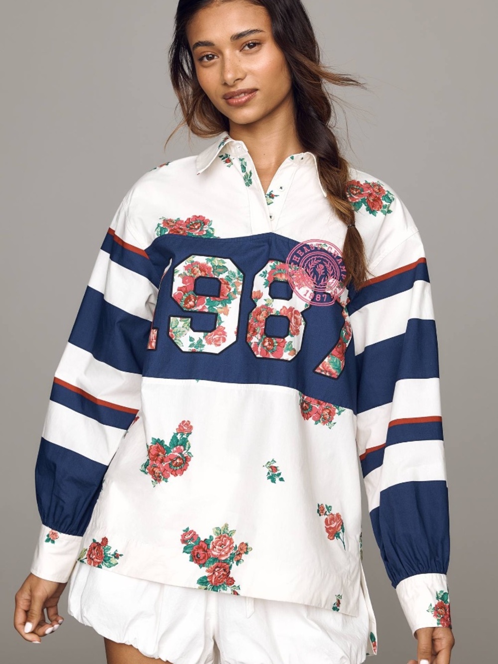 Maeve Anthropologie Floral 1987 Rugby Shirt Navy Striped 100% Cotton Top Small